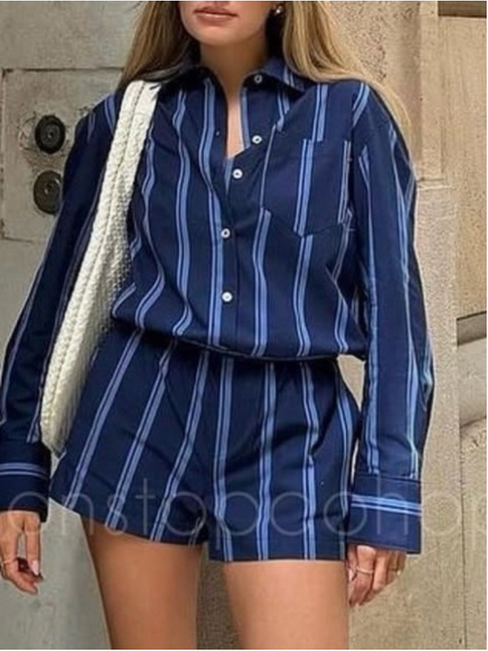 Zara Pants - Zara Striped Shirt Romper | Navy Blue | Size L | Linen Blend | Long Sleeve